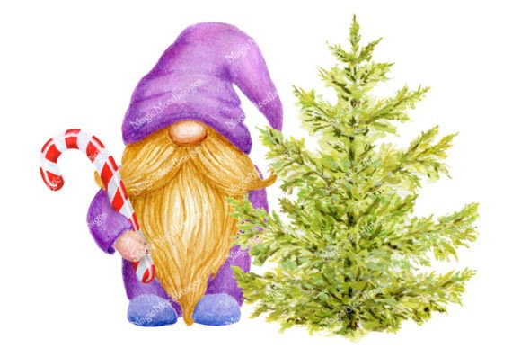 Charming Gnome Christmas Tree Watercolor Painting for Designers